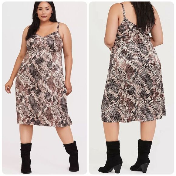 Torrid Midi Satin Slip Dress in Snake Brown | Size 1 - Picture 1 of 8